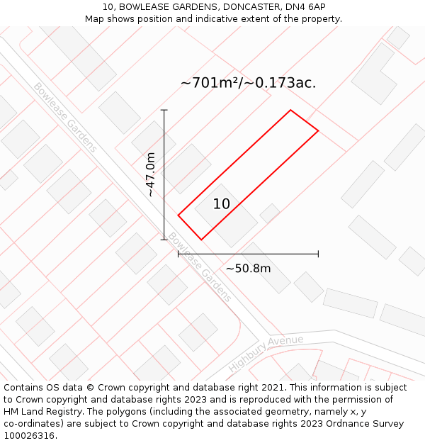 10, BOWLEASE GARDENS, DONCASTER, DN4 6AP: Plot and title map