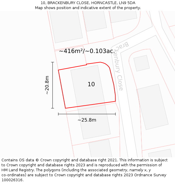 10, BRACKENBURY CLOSE, HORNCASTLE, LN9 5DA: Plot and title map