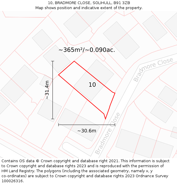 10, BRADMORE CLOSE, SOLIHULL, B91 3ZB: Plot and title map