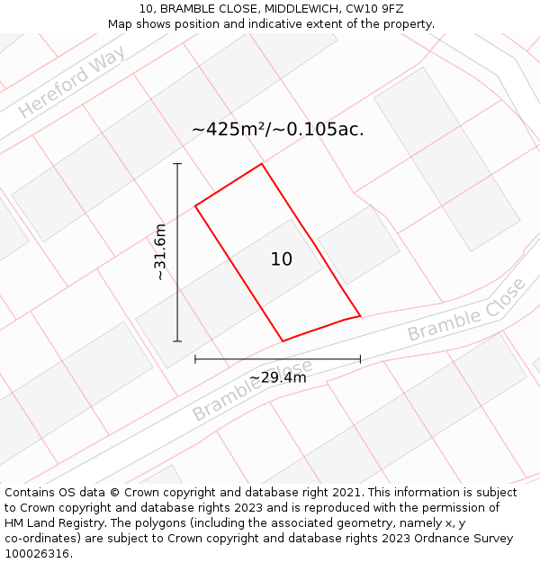 10, BRAMBLE CLOSE, MIDDLEWICH, CW10 9FZ: Plot and title map