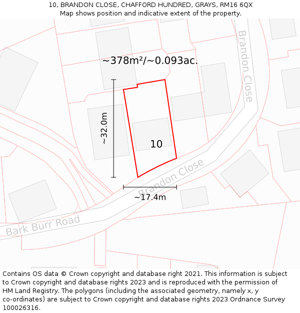 10, BRANDON CLOSE, CHAFFORD HUNDRED, GRAYS, RM16 6QX: Plot and title map