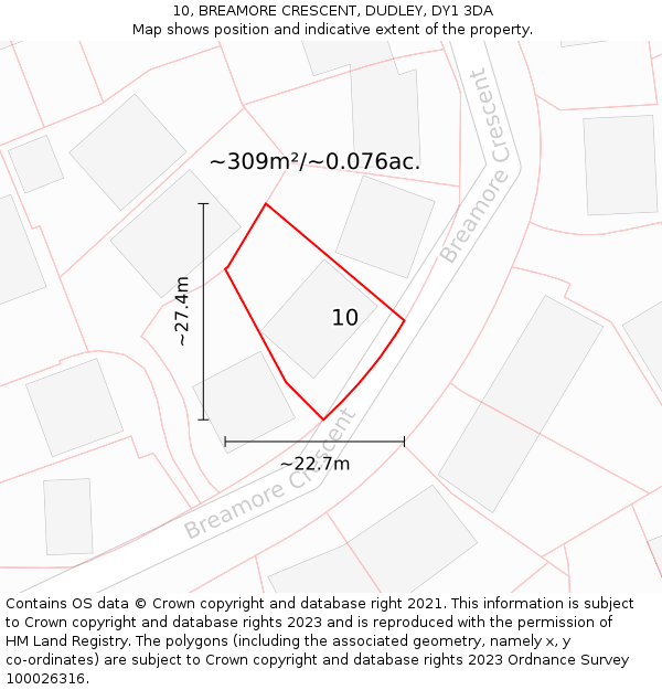 10, BREAMORE CRESCENT, DUDLEY, DY1 3DA: Plot and title map