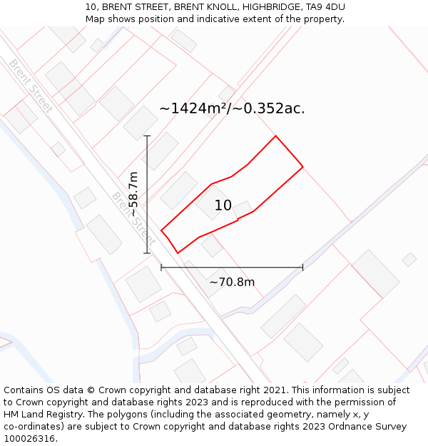 10, BRENT STREET, BRENT KNOLL, HIGHBRIDGE, TA9 4DU: Plot and title map