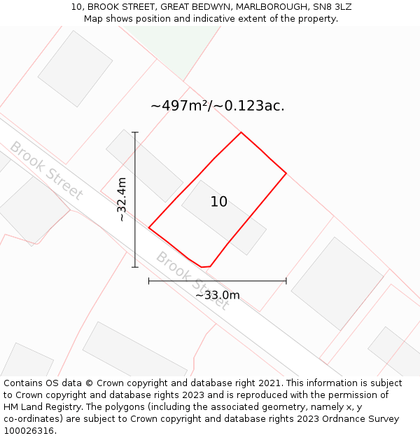 10, BROOK STREET, GREAT BEDWYN, MARLBOROUGH, SN8 3LZ: Plot and title map