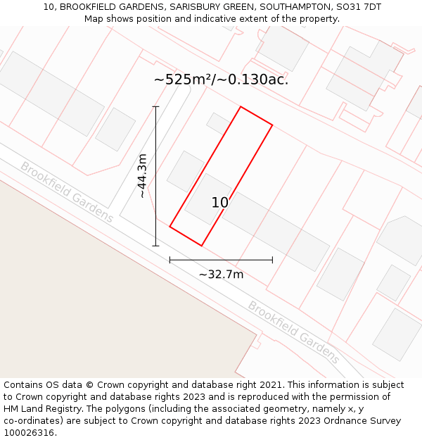 10, BROOKFIELD GARDENS, SARISBURY GREEN, SOUTHAMPTON, SO31 7DT: Plot and title map