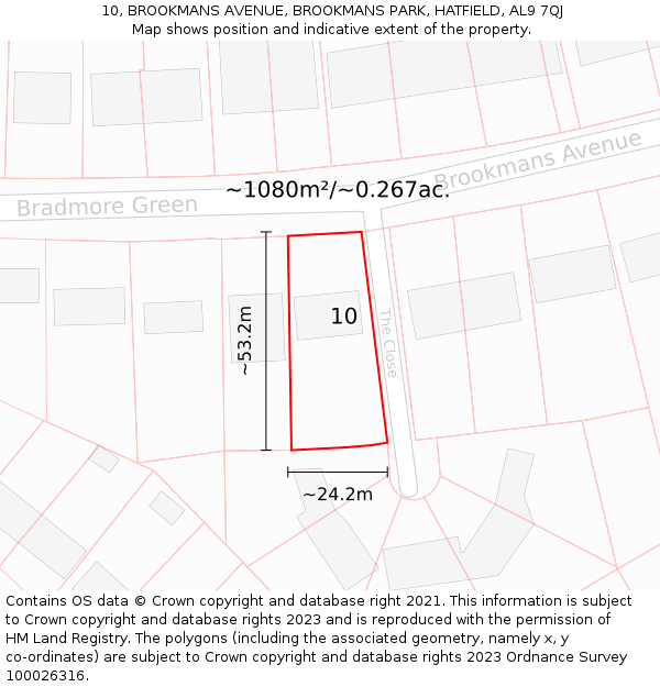 10, BROOKMANS AVENUE, BROOKMANS PARK, HATFIELD, AL9 7QJ: Plot and title map