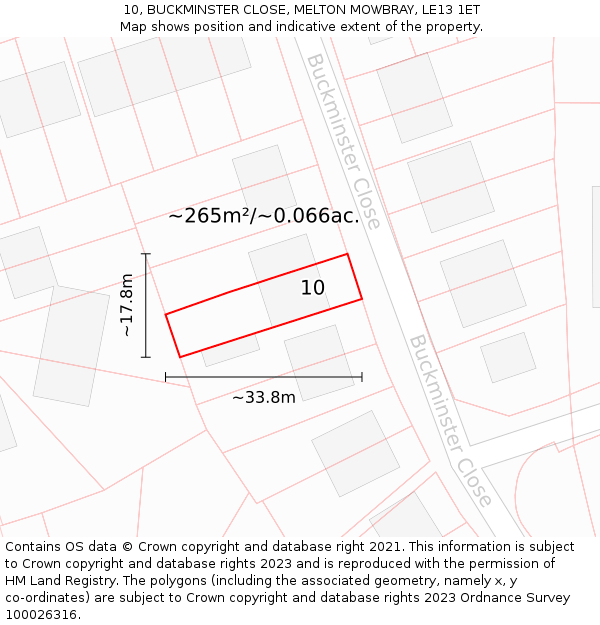 10, BUCKMINSTER CLOSE, MELTON MOWBRAY, LE13 1ET: Plot and title map