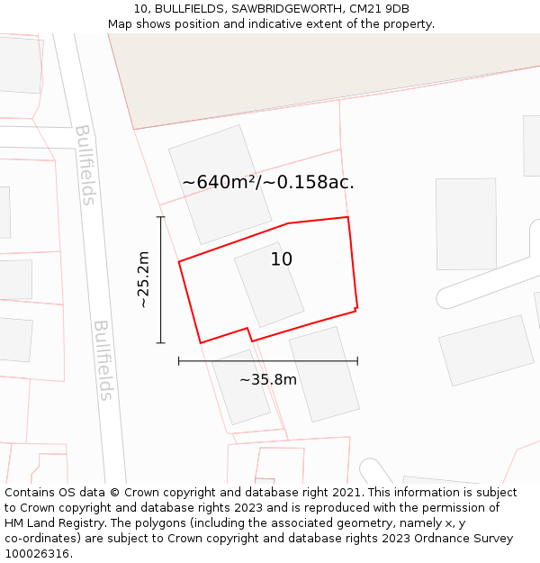 10, BULLFIELDS, SAWBRIDGEWORTH, CM21 9DB: Plot and title map