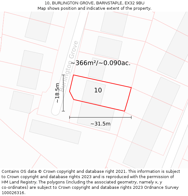 10, BURLINGTON GROVE, BARNSTAPLE, EX32 9BU: Plot and title map