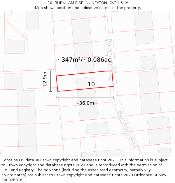 10, BURNHAM RISE, NUNEATON, CV11 6HA: Plot and title map