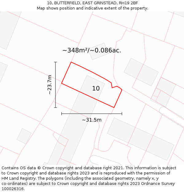 10, BUTTERFIELD, EAST GRINSTEAD, RH19 2BF: Plot and title map