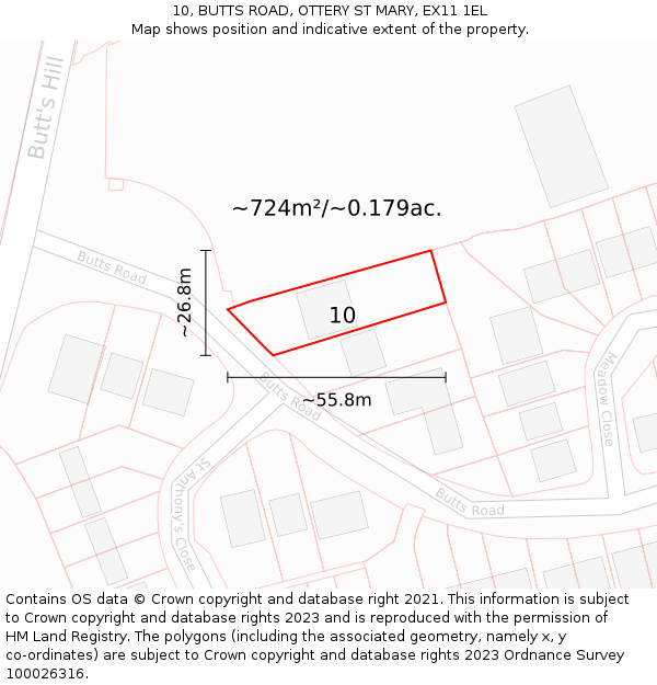 10, BUTTS ROAD, OTTERY ST MARY, EX11 1EL: Plot and title map