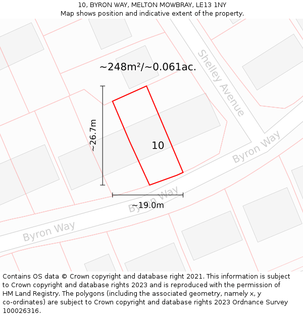 10, BYRON WAY, MELTON MOWBRAY, LE13 1NY: Plot and title map