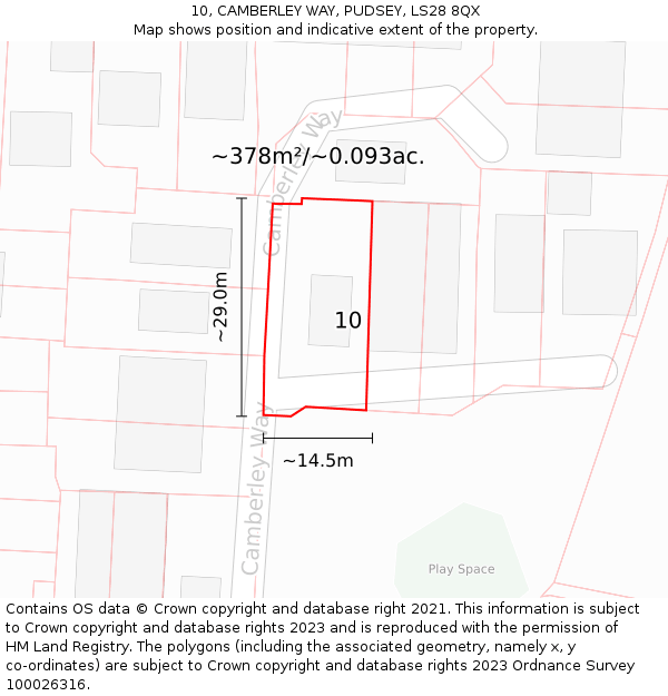 10, CAMBERLEY WAY, PUDSEY, LS28 8QX: Plot and title map