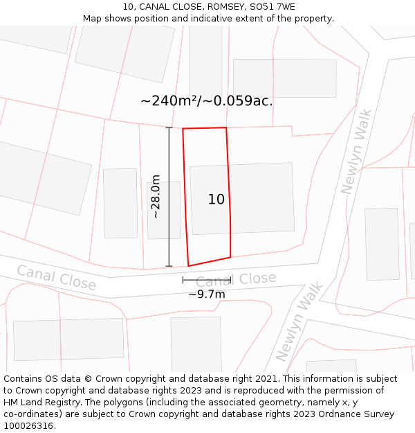 10, CANAL CLOSE, ROMSEY, SO51 7WE: Plot and title map