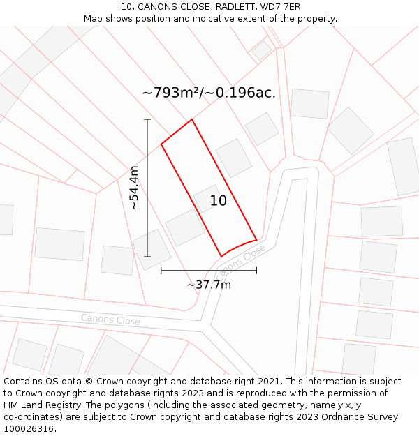 10, CANONS CLOSE, RADLETT, WD7 7ER: Plot and title map