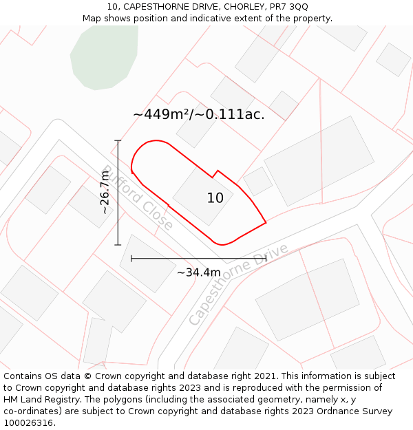 10, CAPESTHORNE DRIVE, CHORLEY, PR7 3QQ: Plot and title map