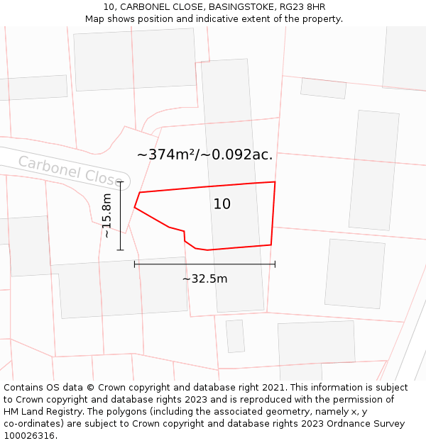 10, CARBONEL CLOSE, BASINGSTOKE, RG23 8HR: Plot and title map