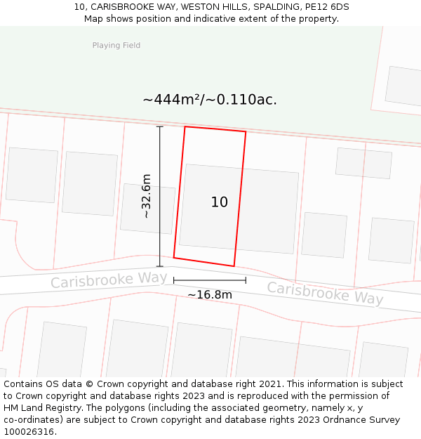 10, CARISBROOKE WAY, WESTON HILLS, SPALDING, PE12 6DS: Plot and title map