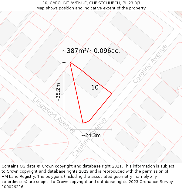 10, CAROLINE AVENUE, CHRISTCHURCH, BH23 3JR: Plot and title map