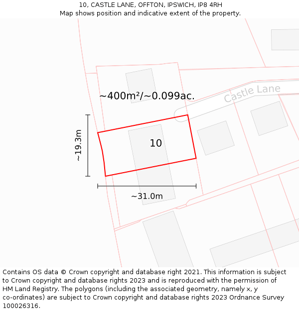 10, CASTLE LANE, OFFTON, IPSWICH, IP8 4RH: Plot and title map