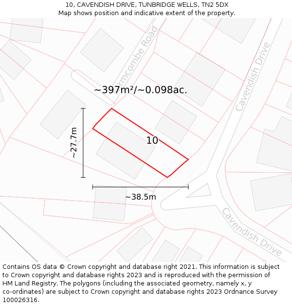 10, CAVENDISH DRIVE, TUNBRIDGE WELLS, TN2 5DX: Plot and title map