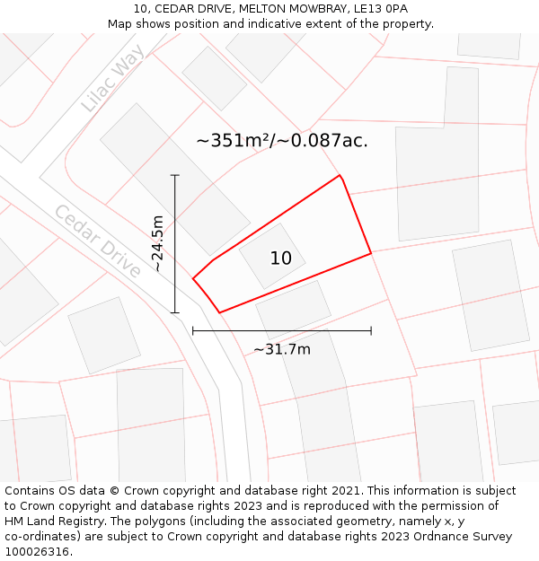 10, CEDAR DRIVE, MELTON MOWBRAY, LE13 0PA: Plot and title map