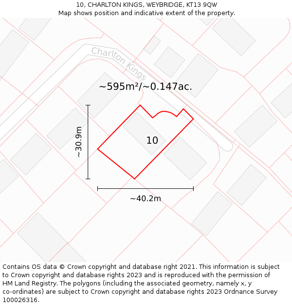 10, CHARLTON KINGS, WEYBRIDGE, KT13 9QW: Plot and title map