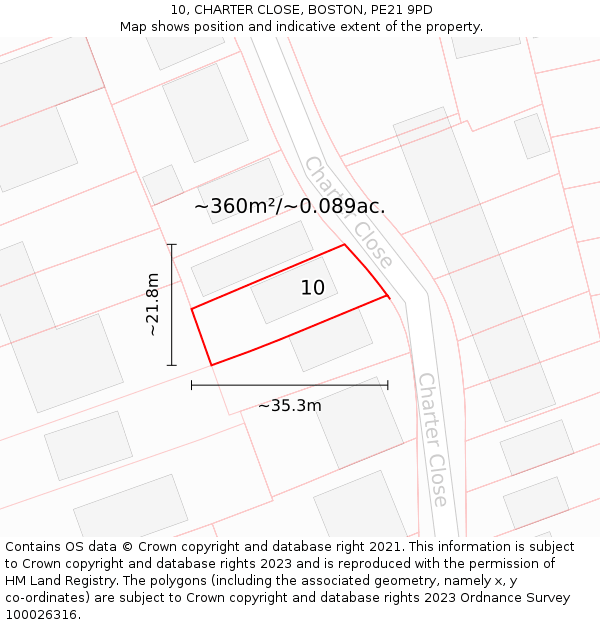 10, CHARTER CLOSE, BOSTON, PE21 9PD: Plot and title map