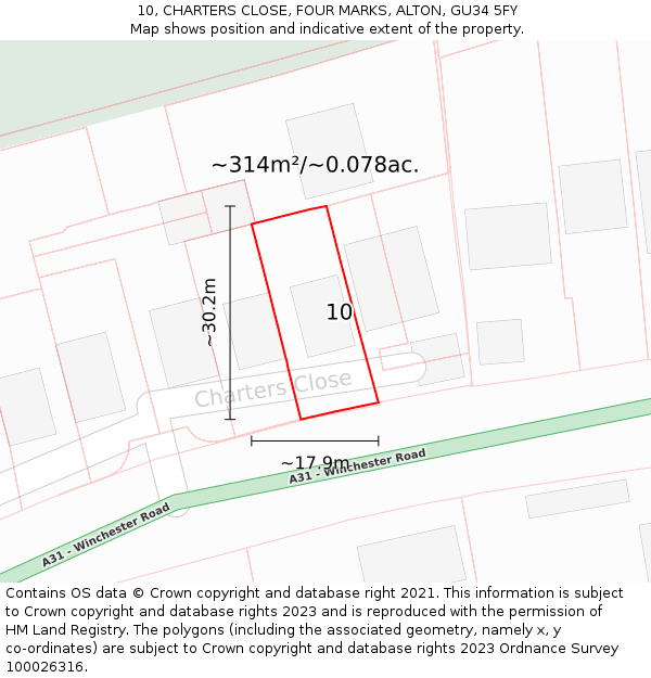 10, CHARTERS CLOSE, FOUR MARKS, ALTON, GU34 5FY: Plot and title map