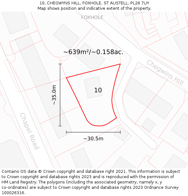 10, CHEGWYNS HILL, FOXHOLE, ST AUSTELL, PL26 7UY: Plot and title map