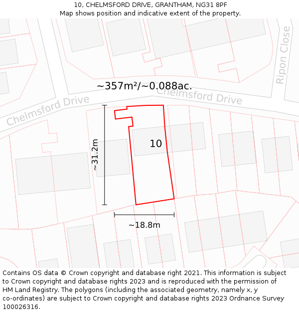 10, CHELMSFORD DRIVE, GRANTHAM, NG31 8PF: Plot and title map