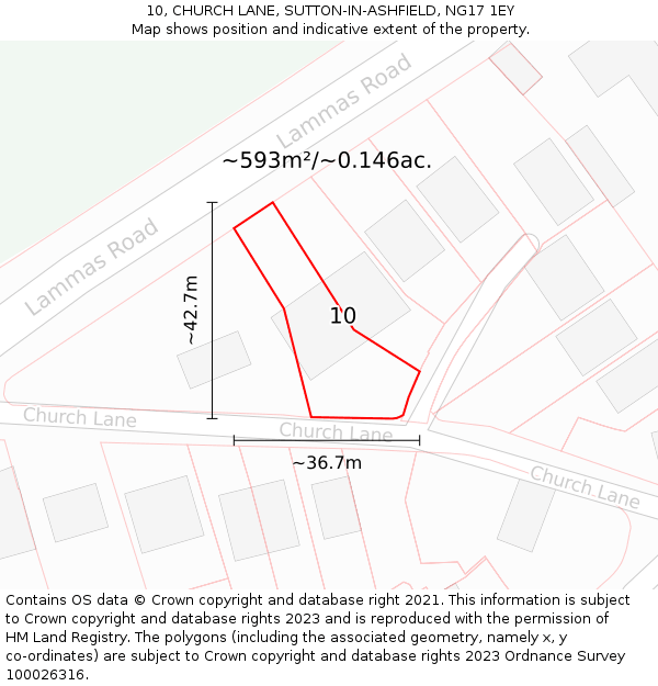 10, CHURCH LANE, SUTTON-IN-ASHFIELD, NG17 1EY: Plot and title map