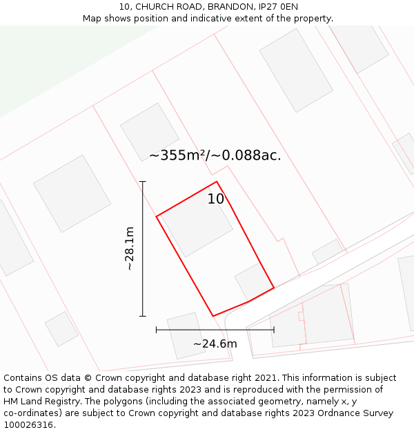 10, CHURCH ROAD, BRANDON, IP27 0EN: Plot and title map