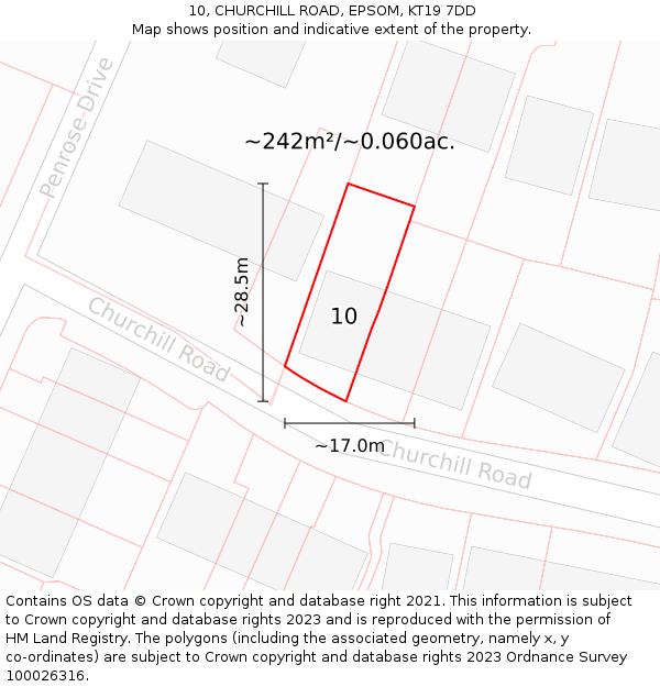 10, CHURCHILL ROAD, EPSOM, KT19 7DD: Plot and title map