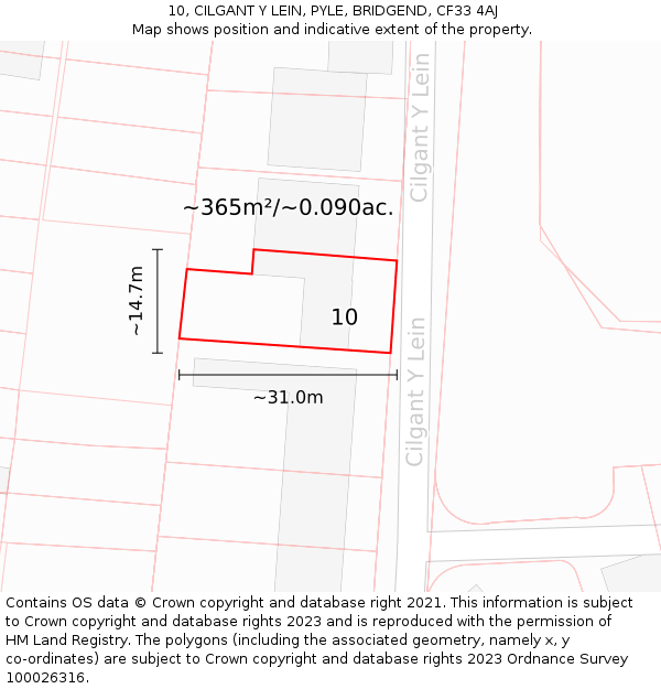 10, CILGANT Y LEIN, PYLE, BRIDGEND, CF33 4AJ: Plot and title map