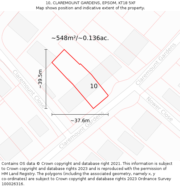 10, CLAREMOUNT GARDENS, EPSOM, KT18 5XF: Plot and title map