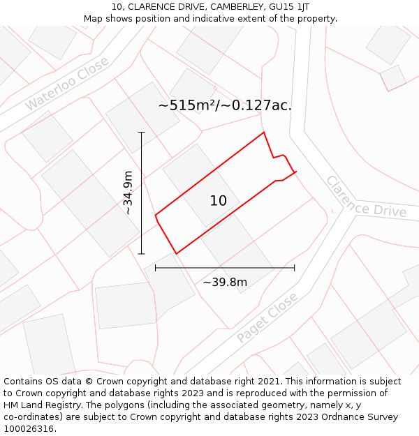 10, CLARENCE DRIVE, CAMBERLEY, GU15 1JT: Plot and title map