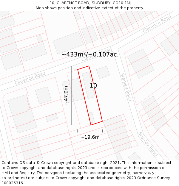 10, CLARENCE ROAD, SUDBURY, CO10 1NJ: Plot and title map