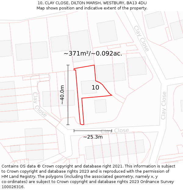 10, CLAY CLOSE, DILTON MARSH, WESTBURY, BA13 4DU: Plot and title map