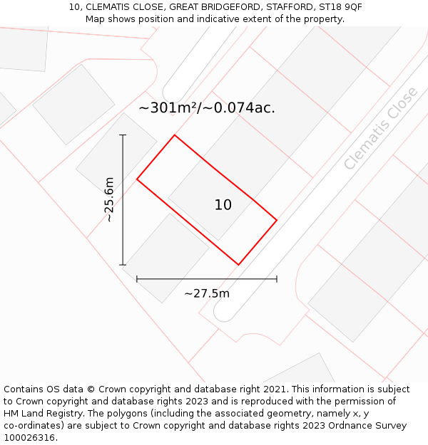 10, CLEMATIS CLOSE, GREAT BRIDGEFORD, STAFFORD, ST18 9QF: Plot and title map