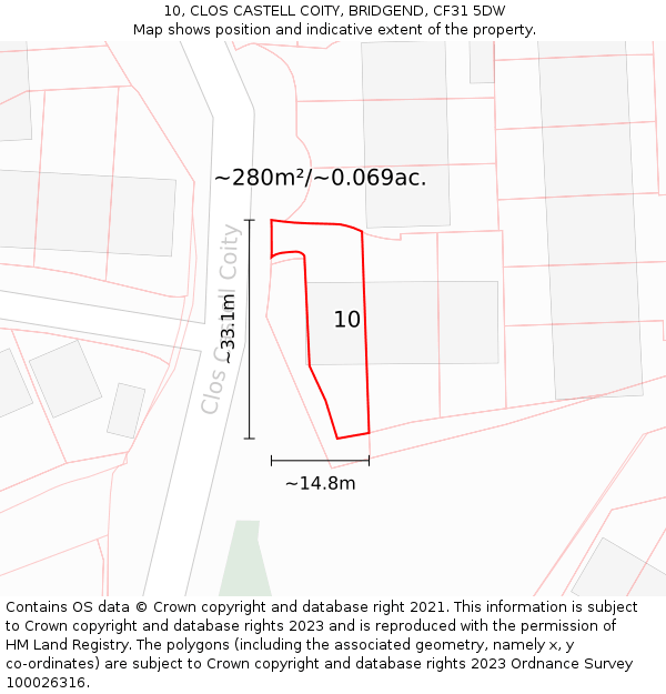 10, CLOS CASTELL COITY, BRIDGEND, CF31 5DW: Plot and title map