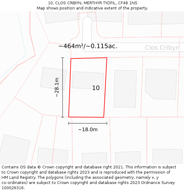 10, CLOS CRIBYN, MERTHYR TYDFIL, CF48 1NS: Plot and title map