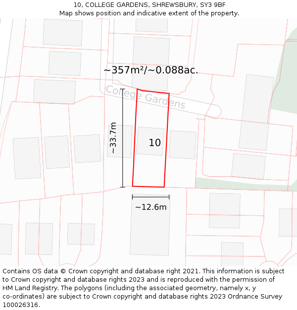 10, COLLEGE GARDENS, SHREWSBURY, SY3 9BF: Plot and title map