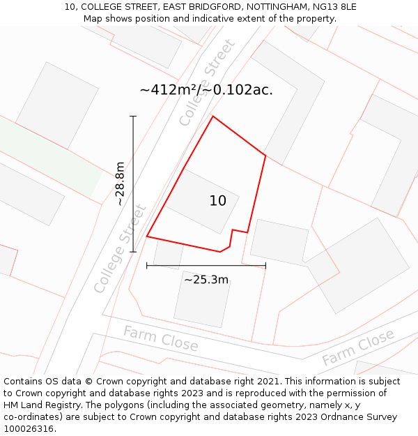 10, COLLEGE STREET, EAST BRIDGFORD, NOTTINGHAM, NG13 8LE: Plot and title map