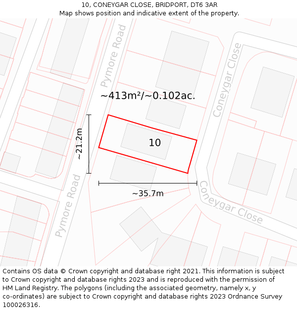 10, CONEYGAR CLOSE, BRIDPORT, DT6 3AR: Plot and title map