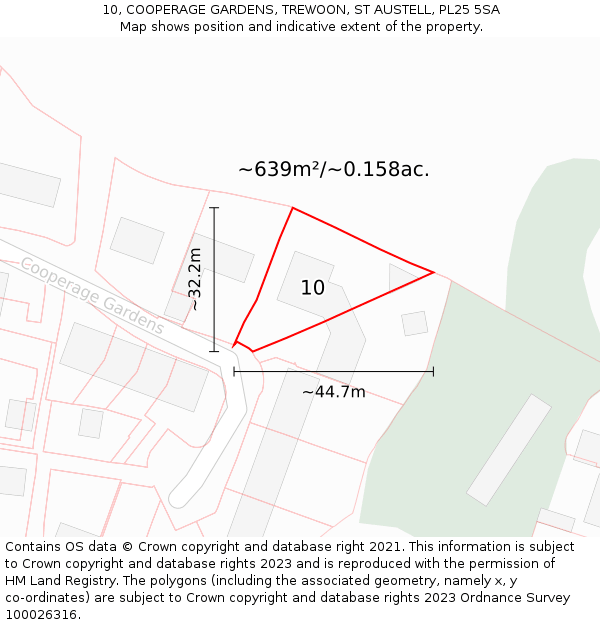 10, COOPERAGE GARDENS, TREWOON, ST AUSTELL, PL25 5SA: Plot and title map