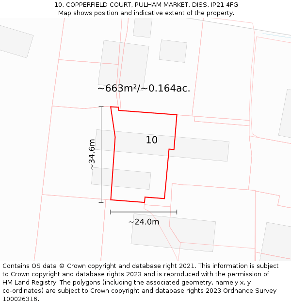 10, COPPERFIELD COURT, PULHAM MARKET, DISS, IP21 4FG: Plot and title map