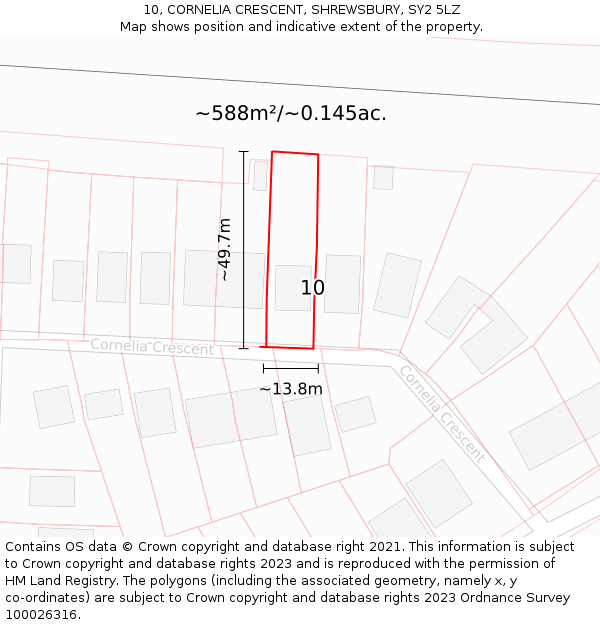 10, CORNELIA CRESCENT, SHREWSBURY, SY2 5LZ: Plot and title map