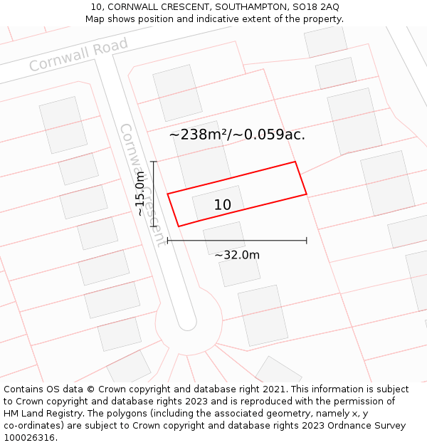 10, CORNWALL CRESCENT, SOUTHAMPTON, SO18 2AQ: Plot and title map